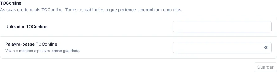 Secção TOConline em A minha conta