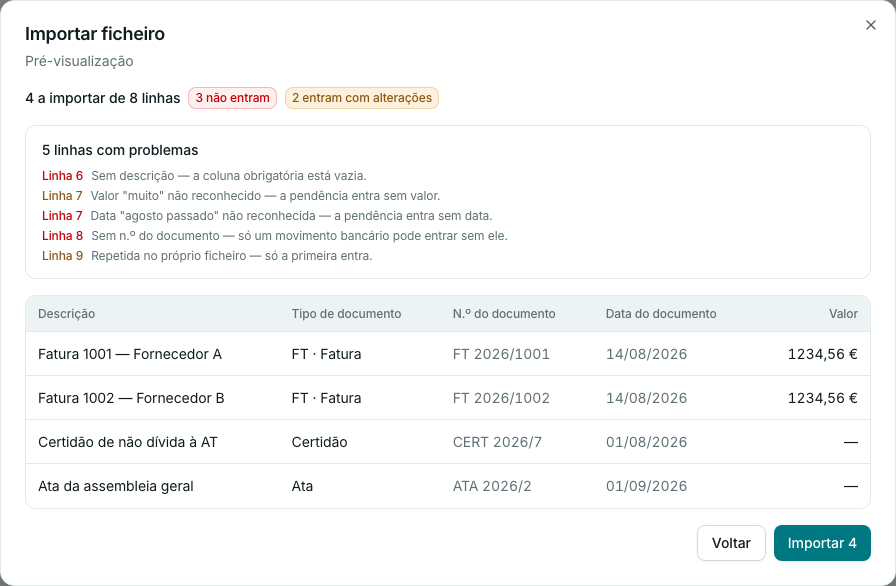 Pré-visualização da importação