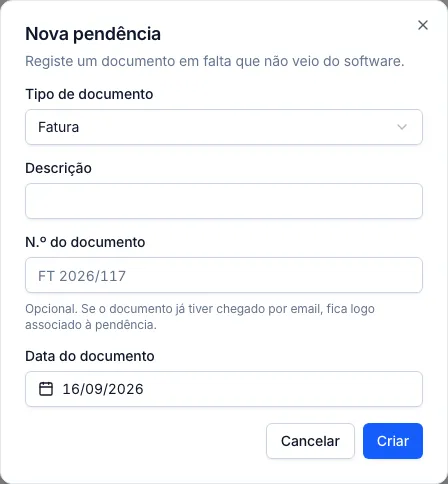 Diálogo de nova pendência