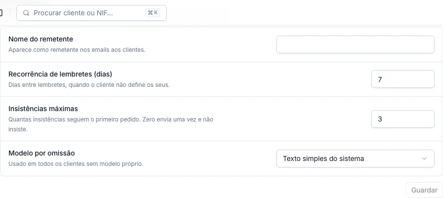 Secção de envio de emails